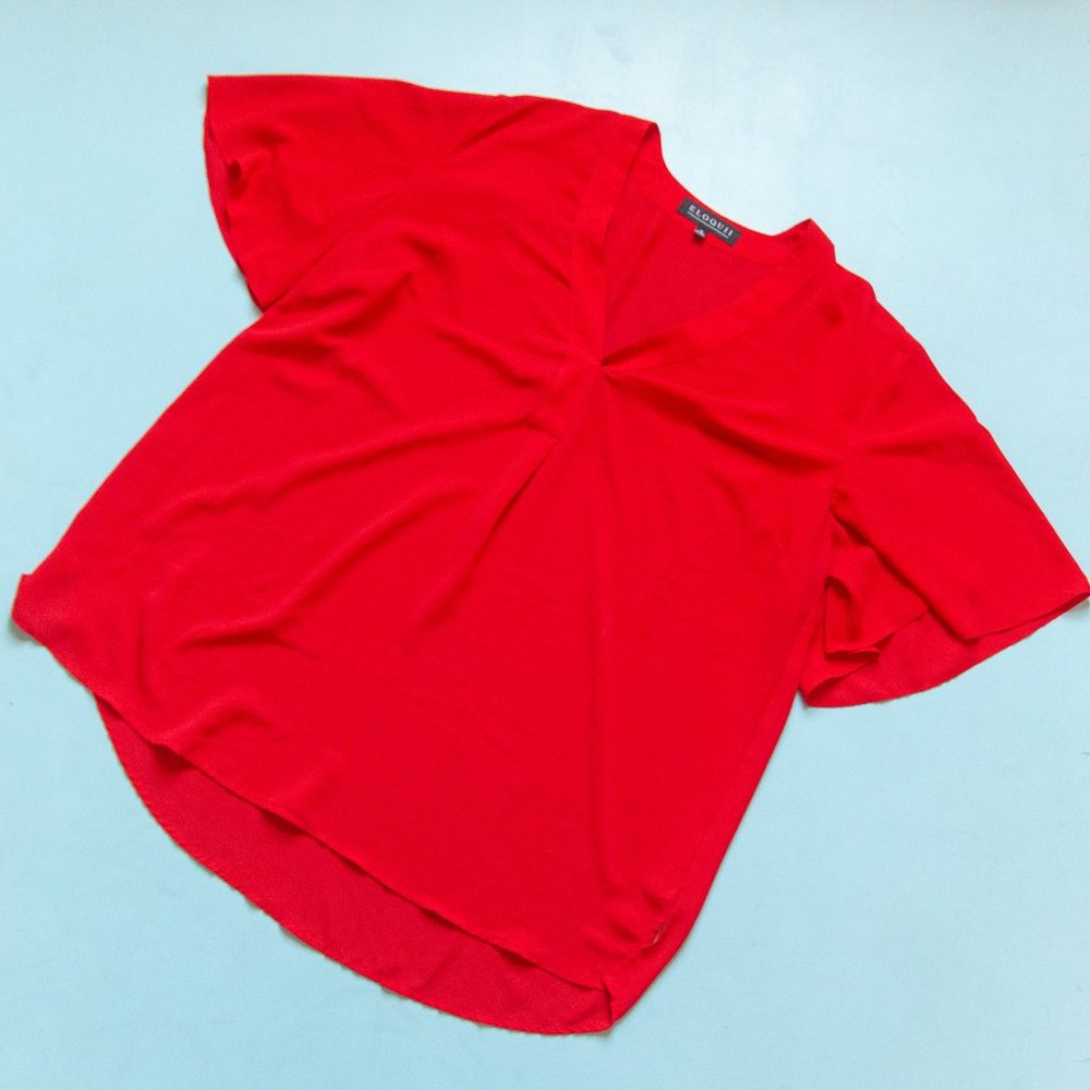 Eloquii Solid Red Semi Sheer Short Flutter Sleeve V-Neck Pullover Blouse Size 18